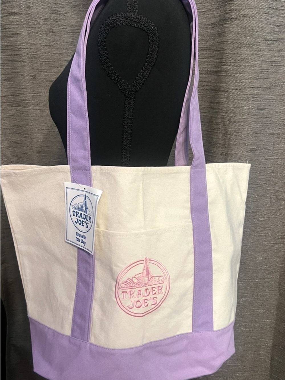 Trader Joe's Cream Canvas Tote with Lavender Trim